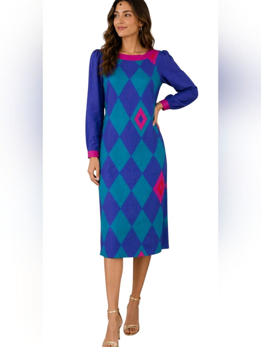 Vintage Flora Kung Advance 100% Silk Geometric Colorblock Midi Dress.Size Small